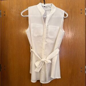 Sleeveless White Tie-Waist Blouse